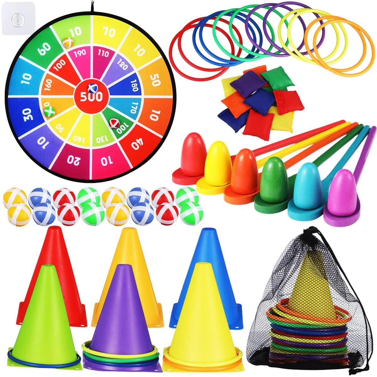Colorful 57-piece carnival game set with dart board, bean bags, cones, spoons and eggs in storage bag