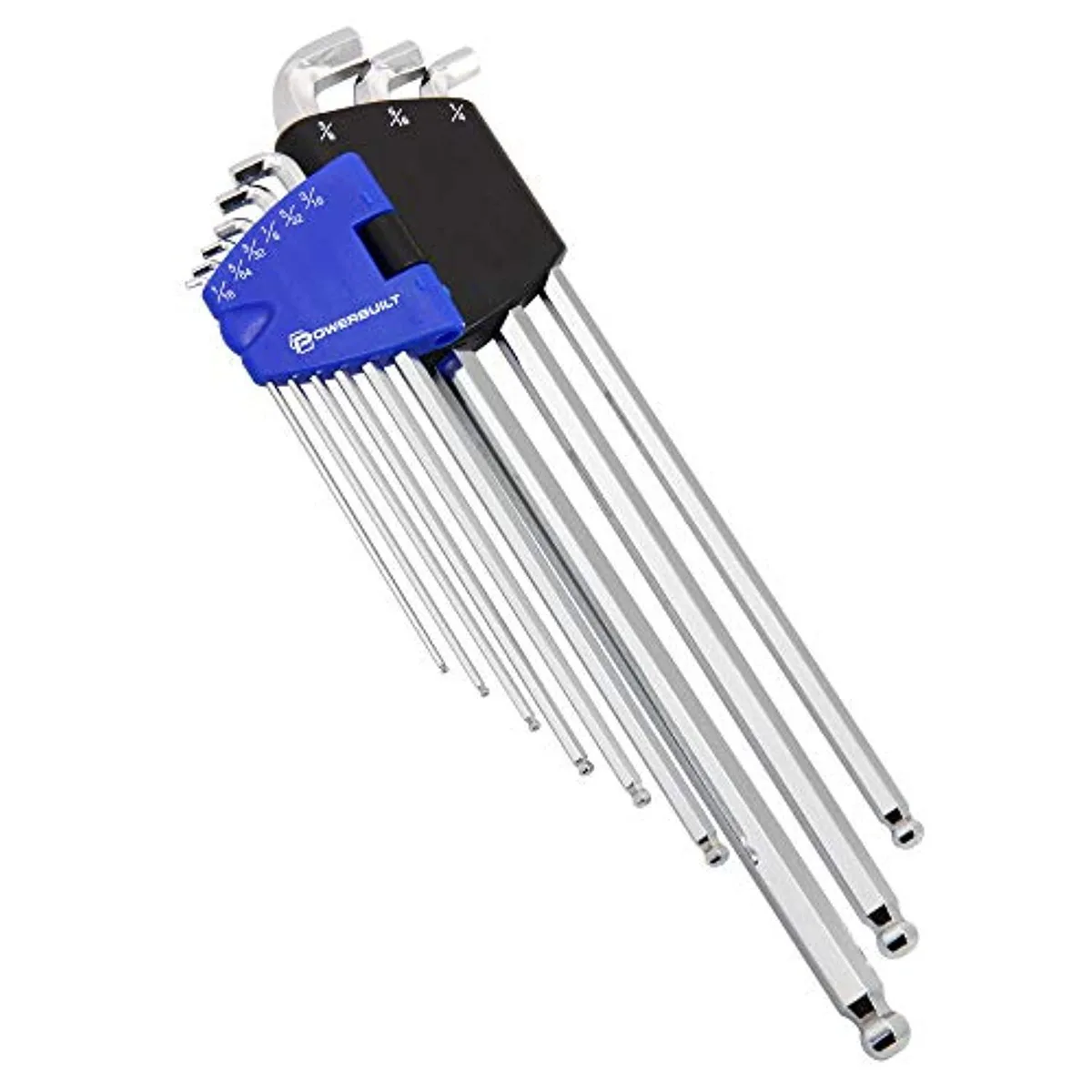 Nine blue L-shaped hex keys in a plastic holder
