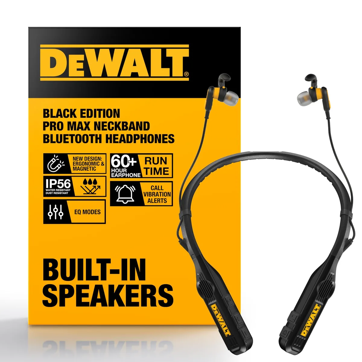 Black neckband headphones with upward-facing speakers and magnetic earbuds, IP56 rated, carry pouch included