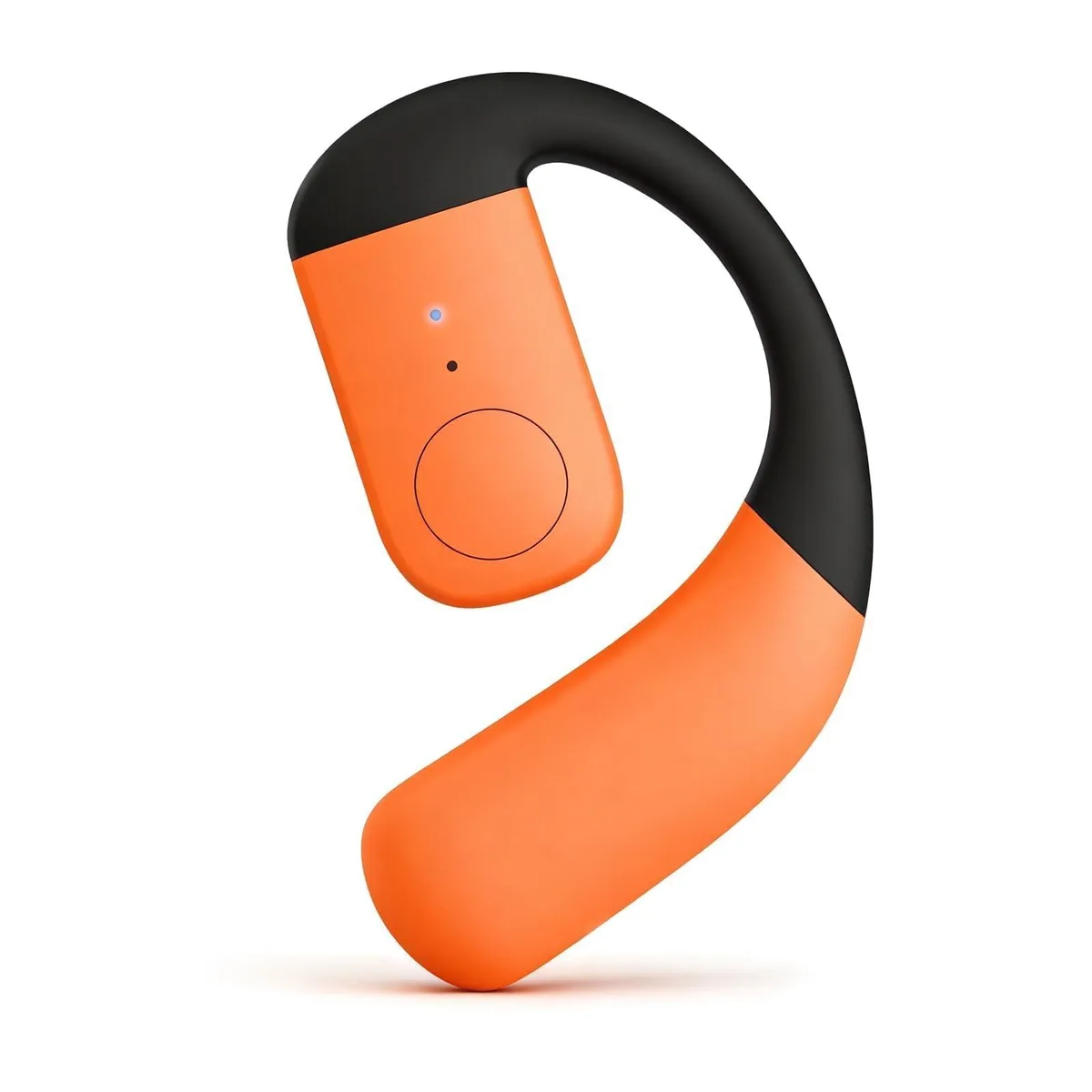 Orange single-ear bone conduction headphone with adjustable earhook, open-ear design
