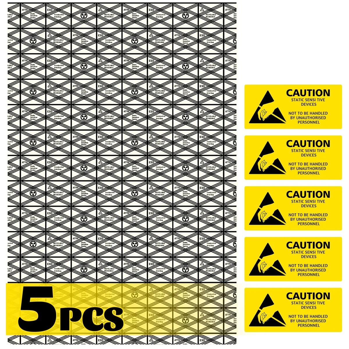 Pack of 20 semi-transparent silver ESD bags, 12 by 16 inches, open top with warning stickers