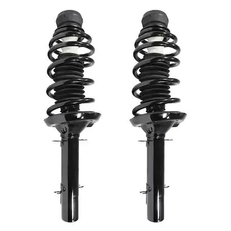 A pair of silver front strut assemblies with coiled springs and top mounts, ready to install
