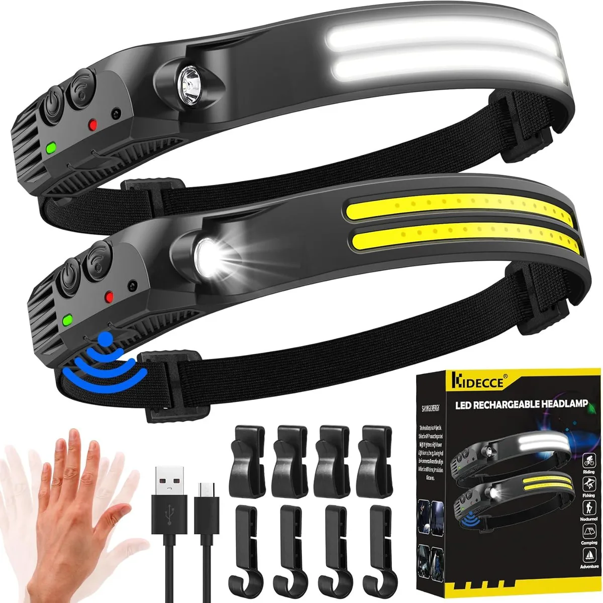 Two lightweight headlamps with wide curved lenses and elastic straps