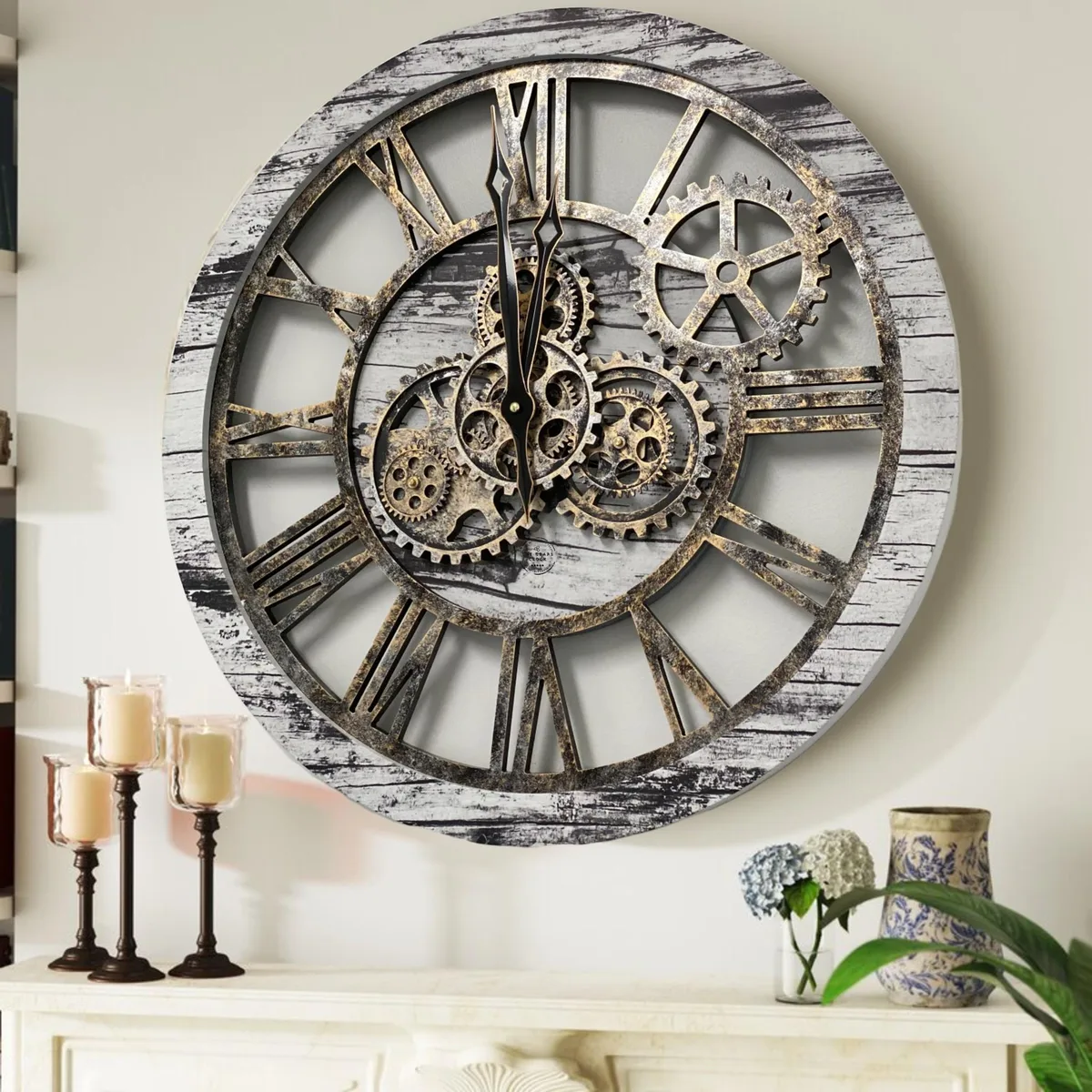 The Gears Clock The Gears Clock AMERICA 24 INCH ROUND Real Moving Gear Wall Clock Grey/White — product photo