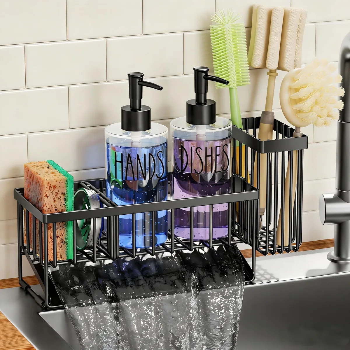 Black metal sink caddy with two clear glass dispenser bottles and silicone pad