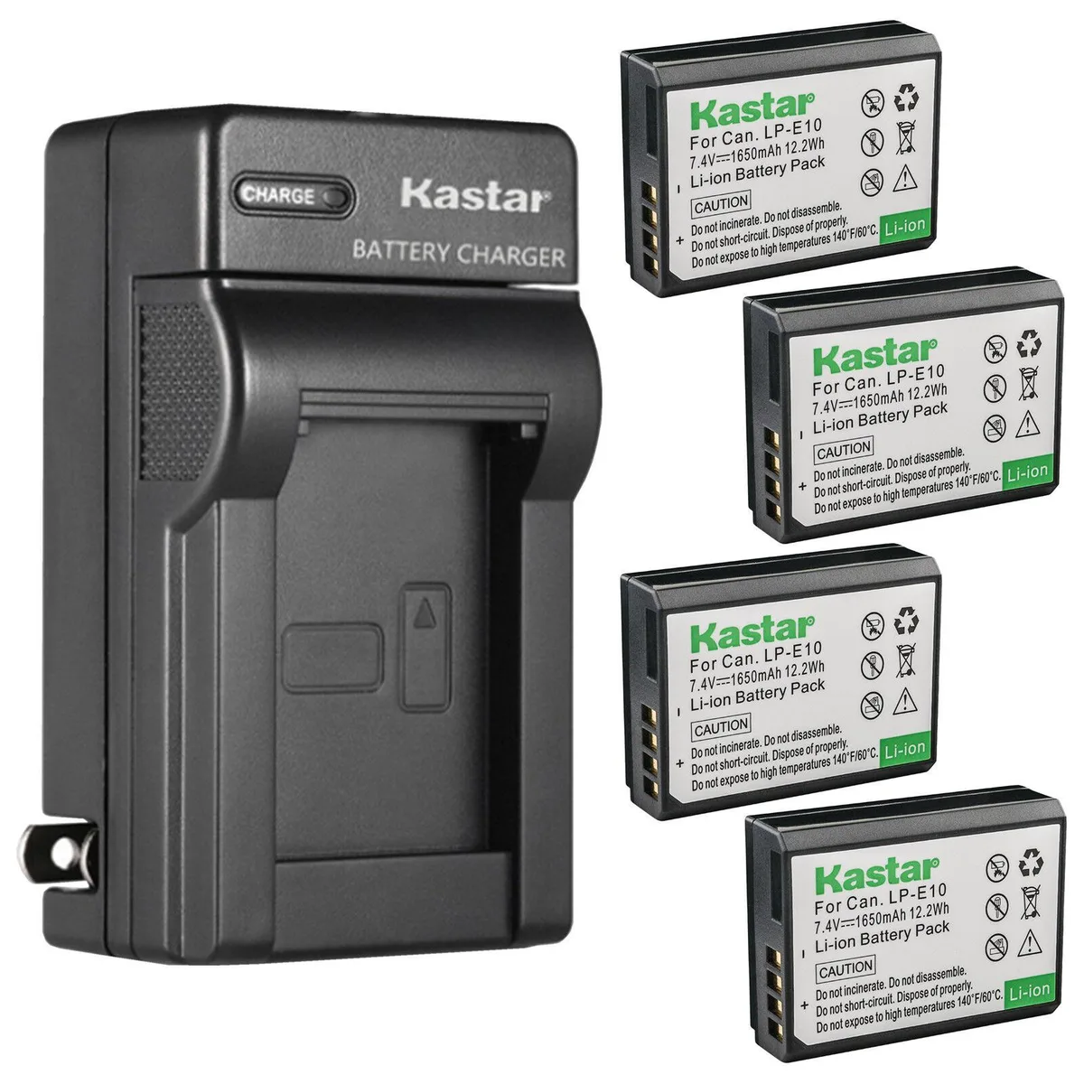 Kastar Kastar 4-pack LP-E10 batteries and AC wall charger — product photo