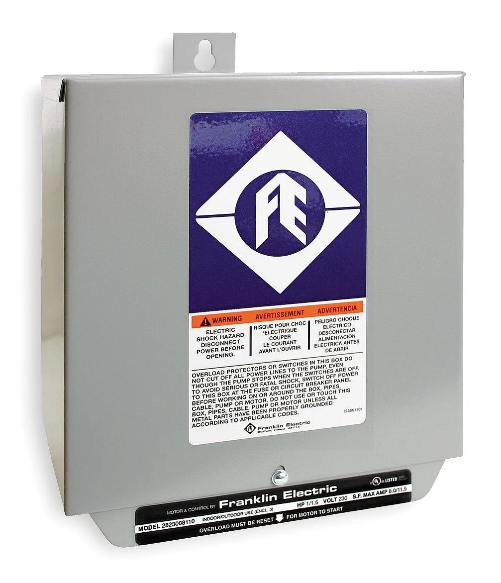 Rectangular grey control box with front panel labels and cable glands