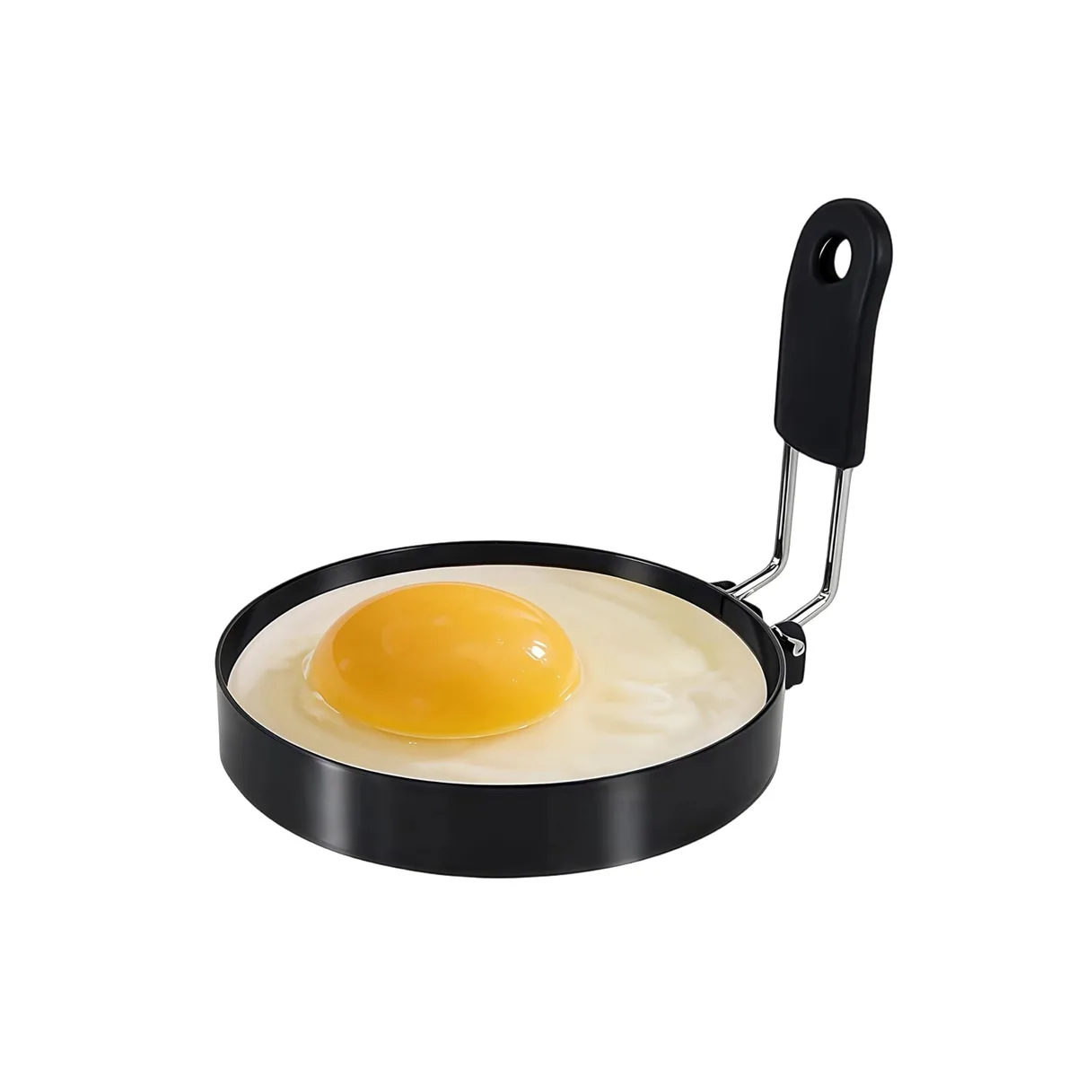 Black stainless steel egg ring 3.5 inch round with silicone handle