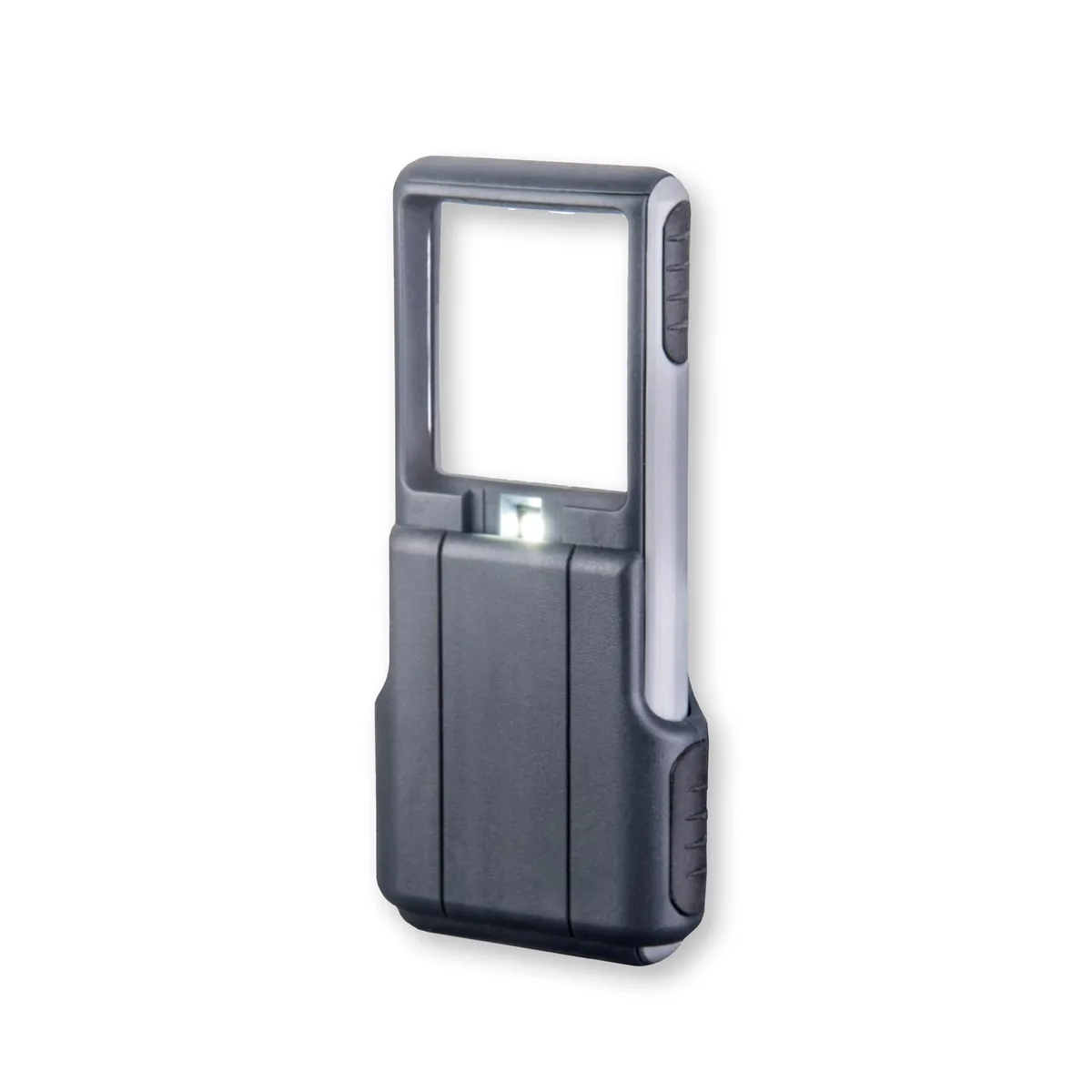 Grey plastic slide-out magnifier with protective sleeve and LED light