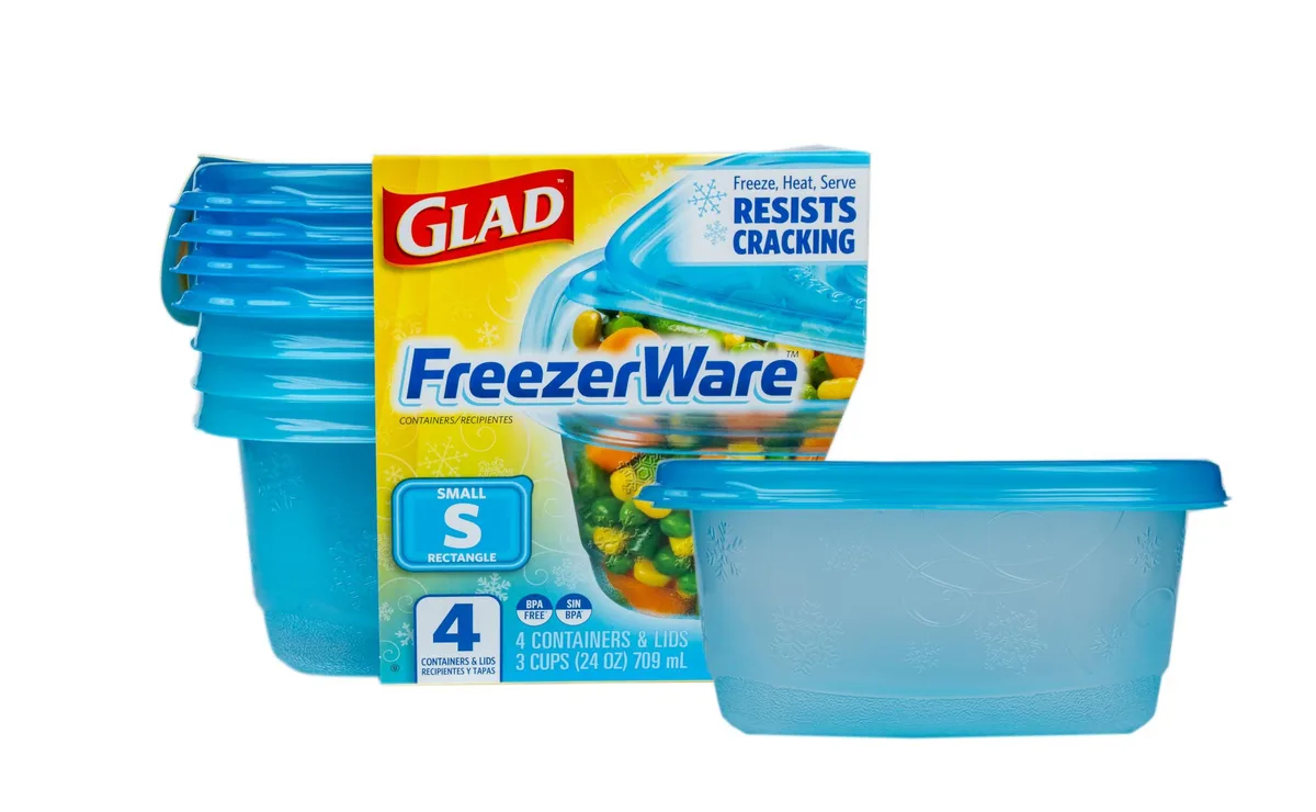 Four rectangular red plastic containers with interlocking lids