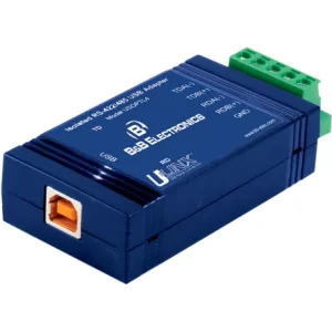 Black rectangular USB to serial adapter with terminal block and Type B port, LED indicators, 152.4 mm by 139.7 mm