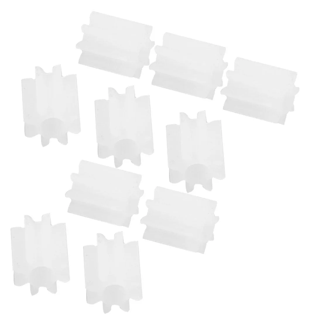 Ten small white plastic gears with eight teeth and 2mm shaft holes