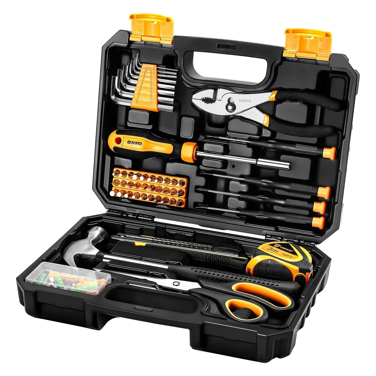 Red plastic toolbox 26x18x7 cm holding 50 steel tools including hammer pliers bits screwdrivers tape measure hex keys cutter scissors