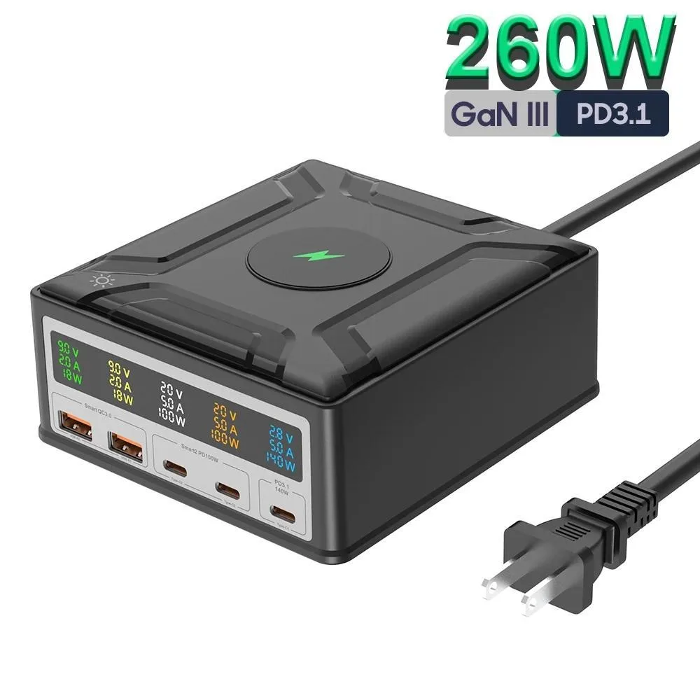 LUOM LUOM CS260W 260W 5 Port GaN Charger 140W PD3.1 15W Wireless Black — product photo