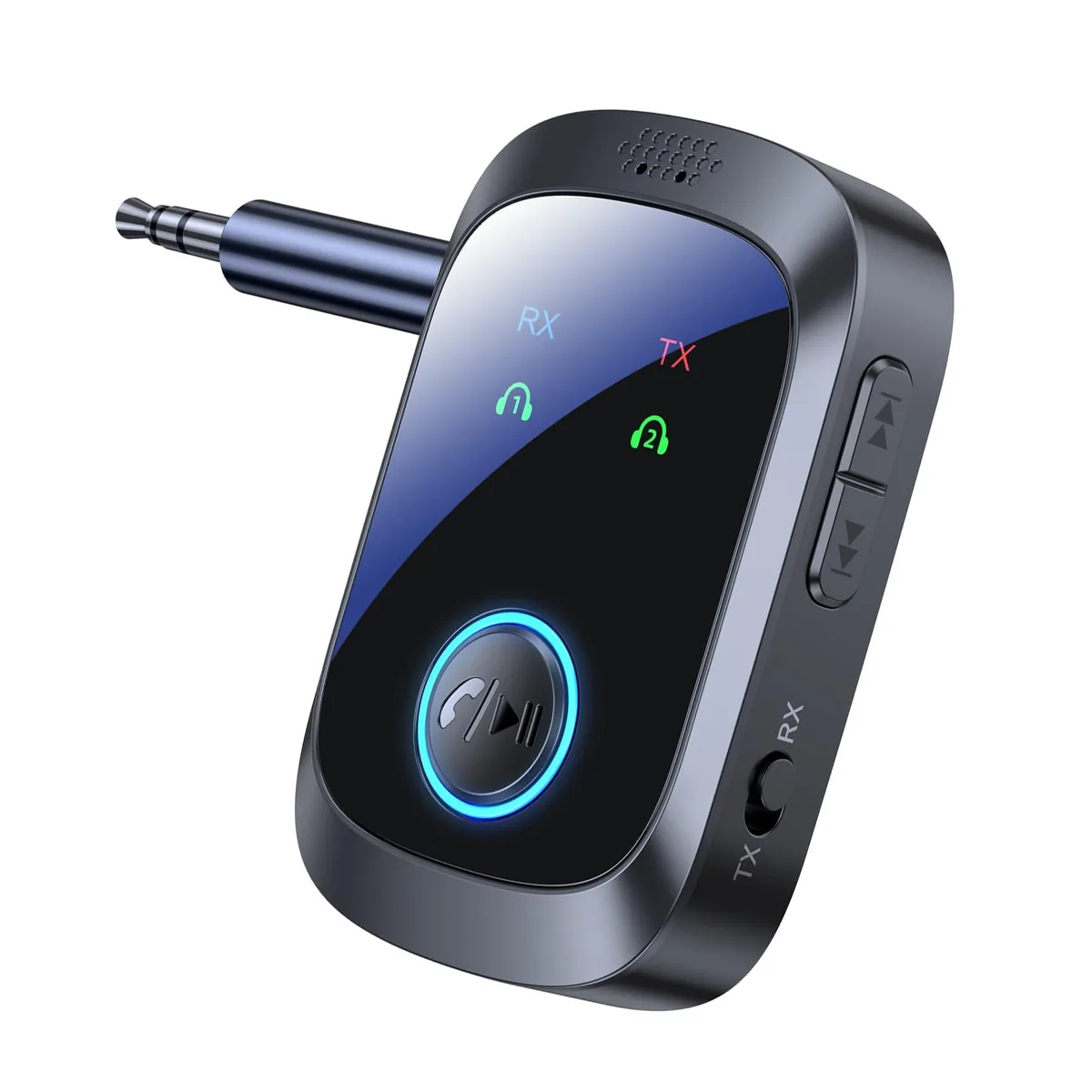 Small rectangular Bluetooth 5.4 adapter with 3.5 mm plug and switch