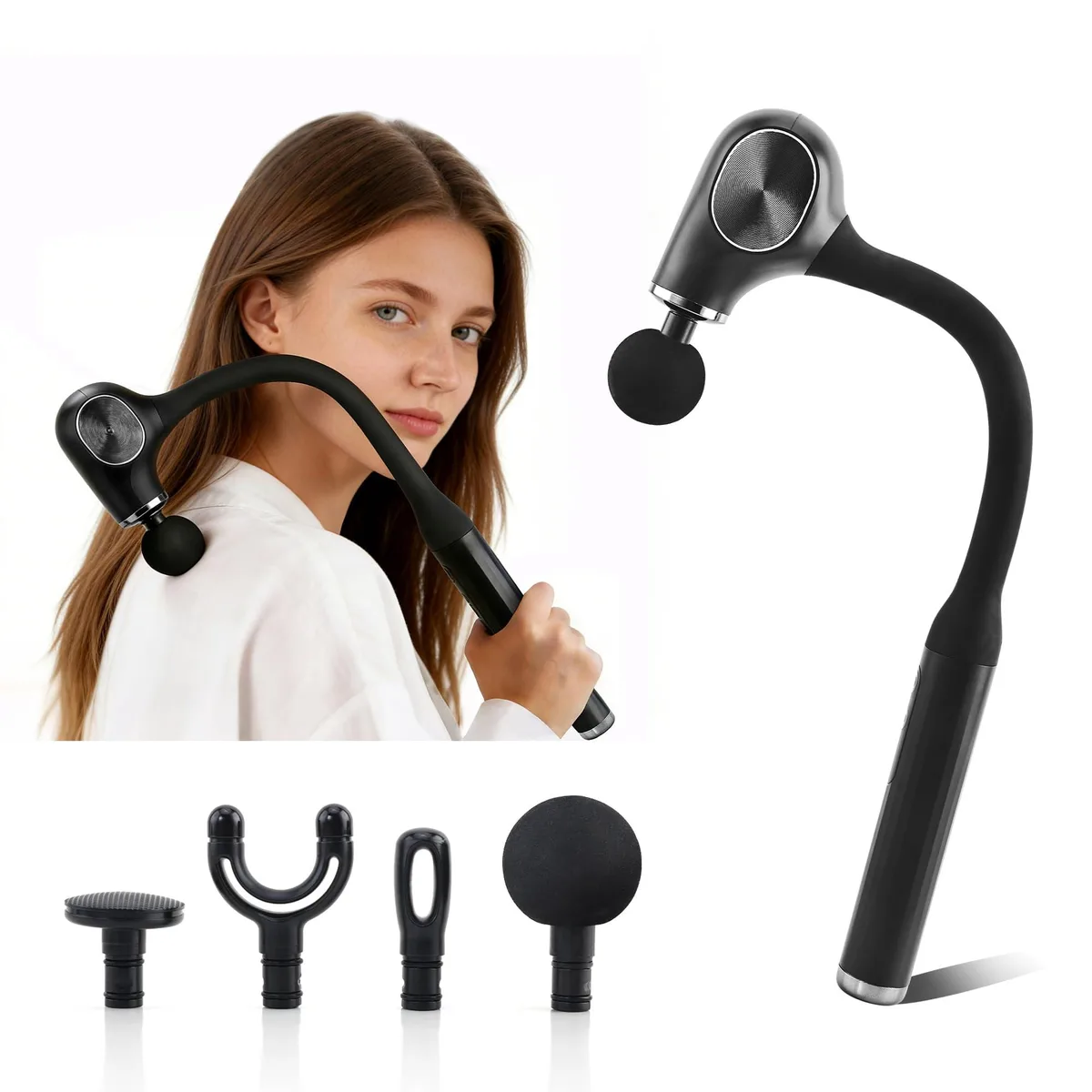 UFFAE massage gun black silver elongated handle 120° curve