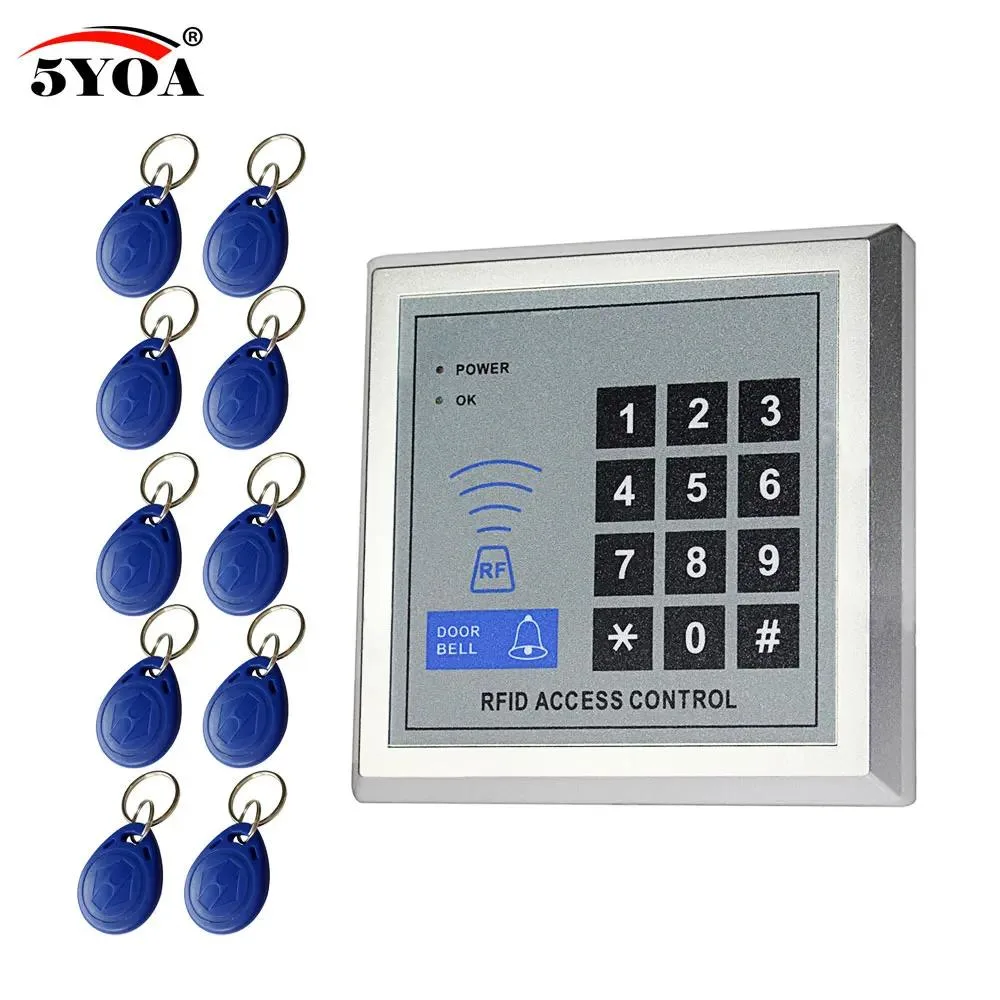 Square silver metal RFID door lock unit with keypad and 10 key tags