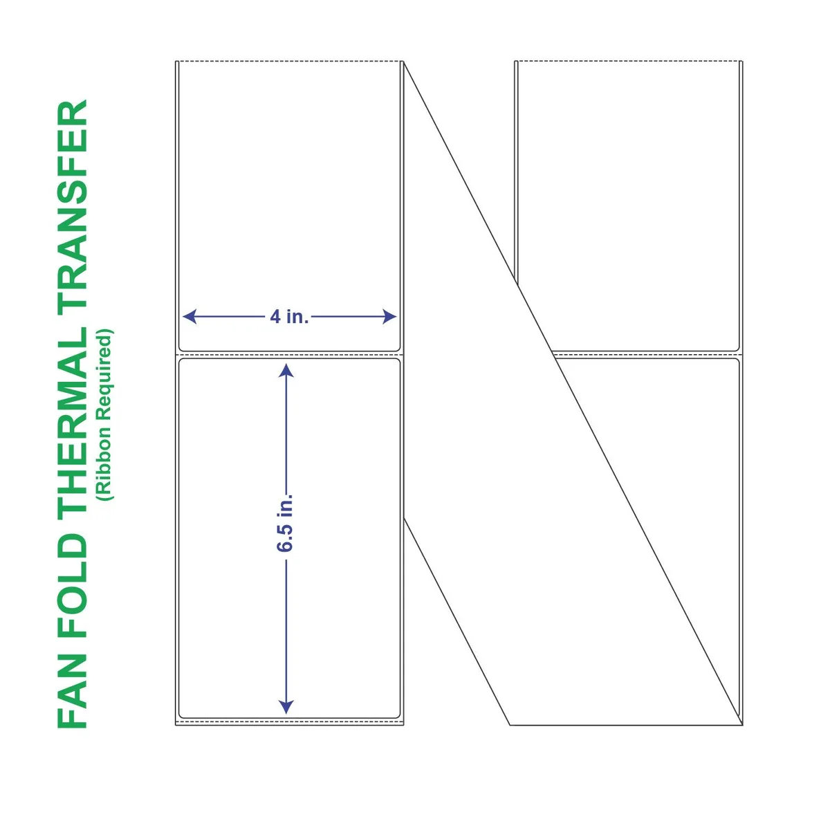 Two white fan-folded stacks of perforated thermal transfer labels in a carton