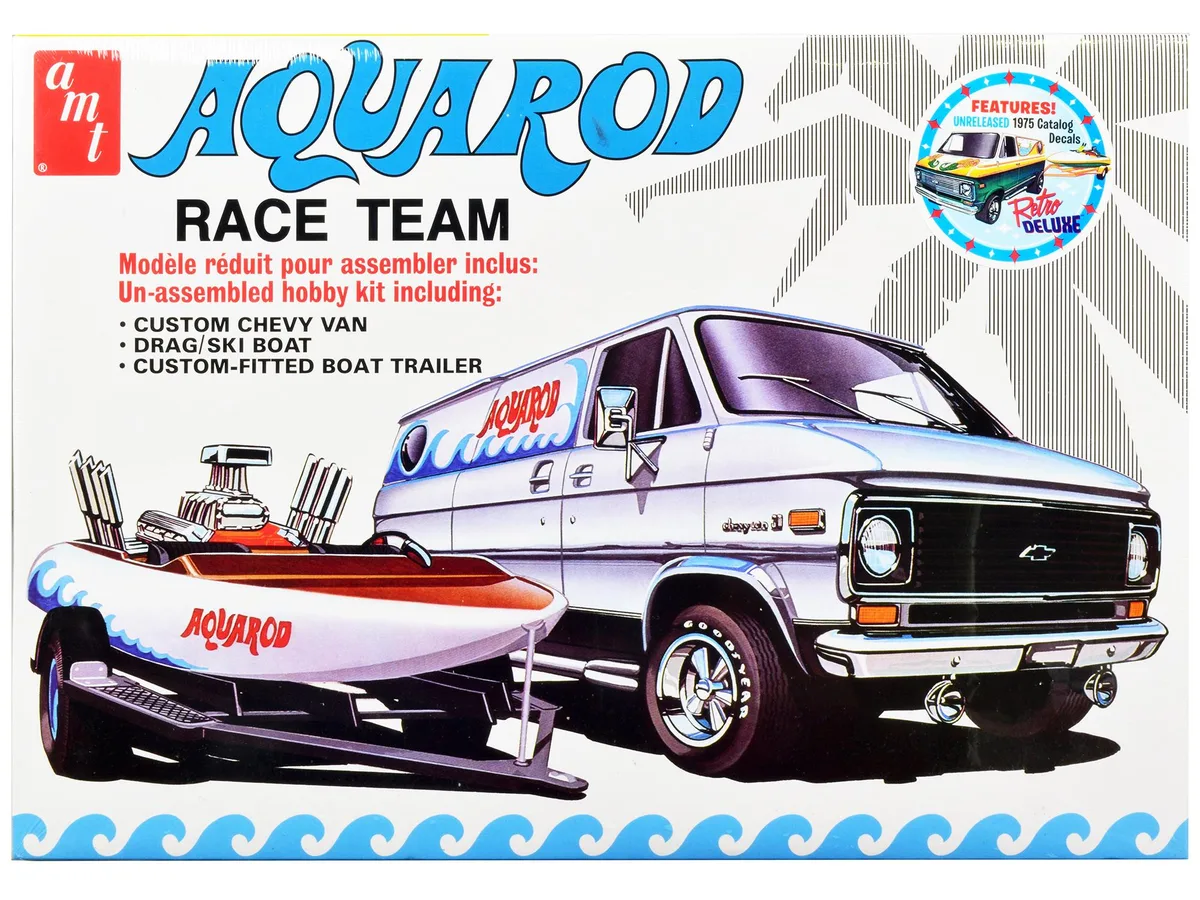 AMT AMT Chevrolet Custom Van with Drag/Ski Boat Trailer "Aqua Rod Race Team" 1/25 Scale Model Kit 256 Parts — product photo