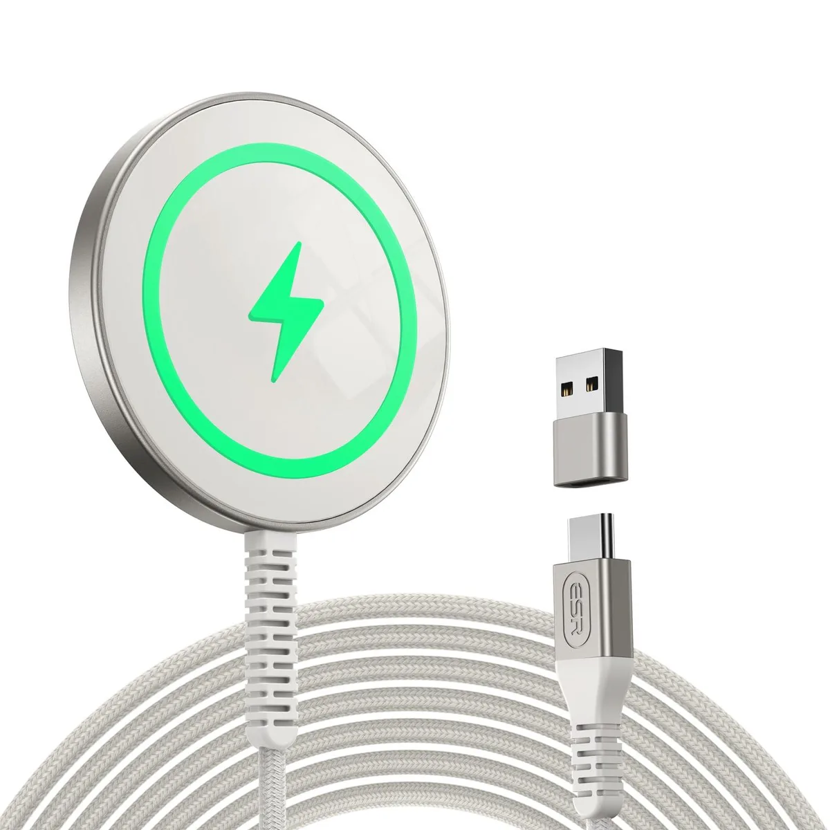 ESR HaloLock MagSafe charger pad with braided cable in natural titanium finish