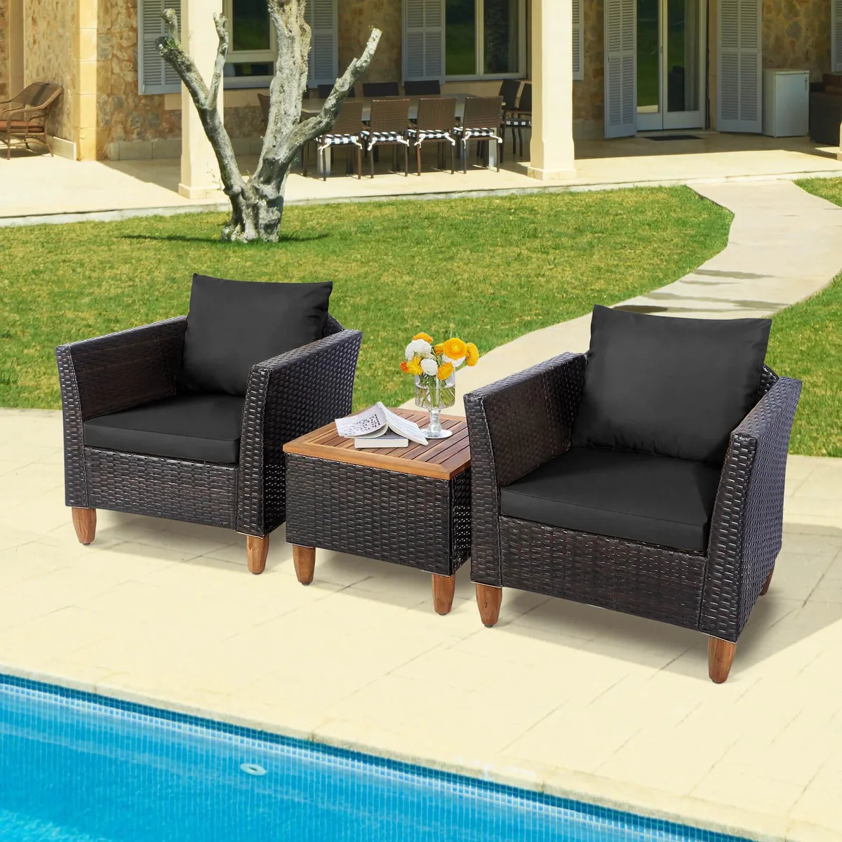 Costway Costway 3PCS Patio Wicker Rattan Sofa Set Black — product photo