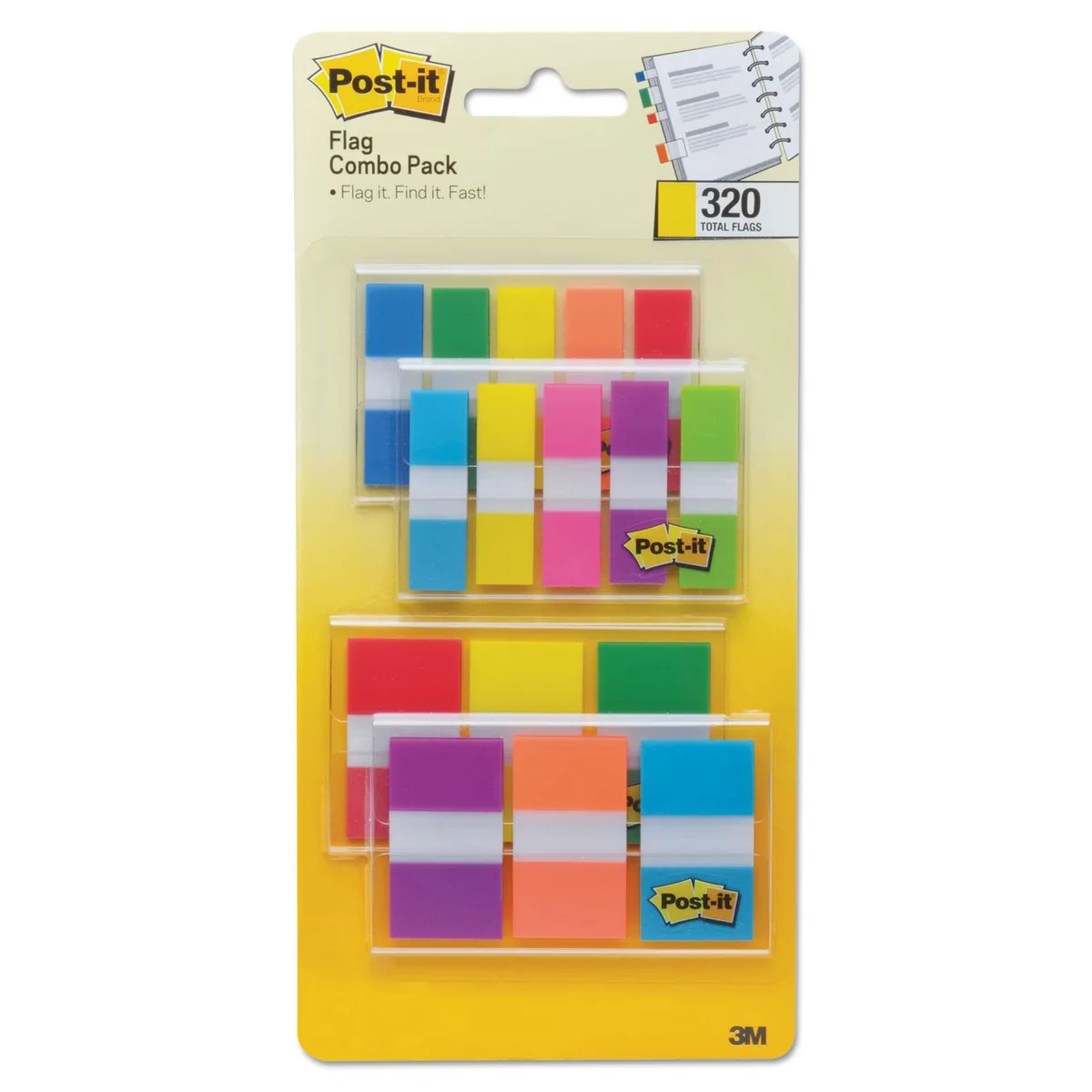 Pop-up dispenser holding 320 multi-color page flags in assorted primary and bright shades