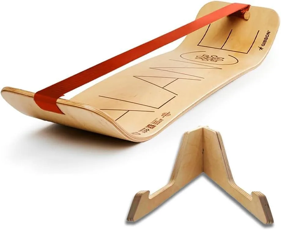 Wooden balance board on matching stand, minimalist design