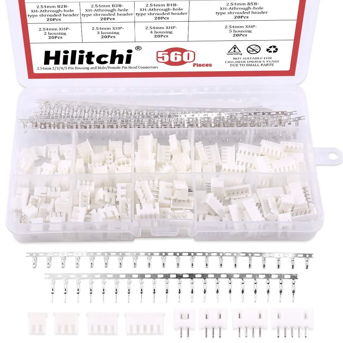 Assorted JST-XHP connector housings and pins in plastic compartments