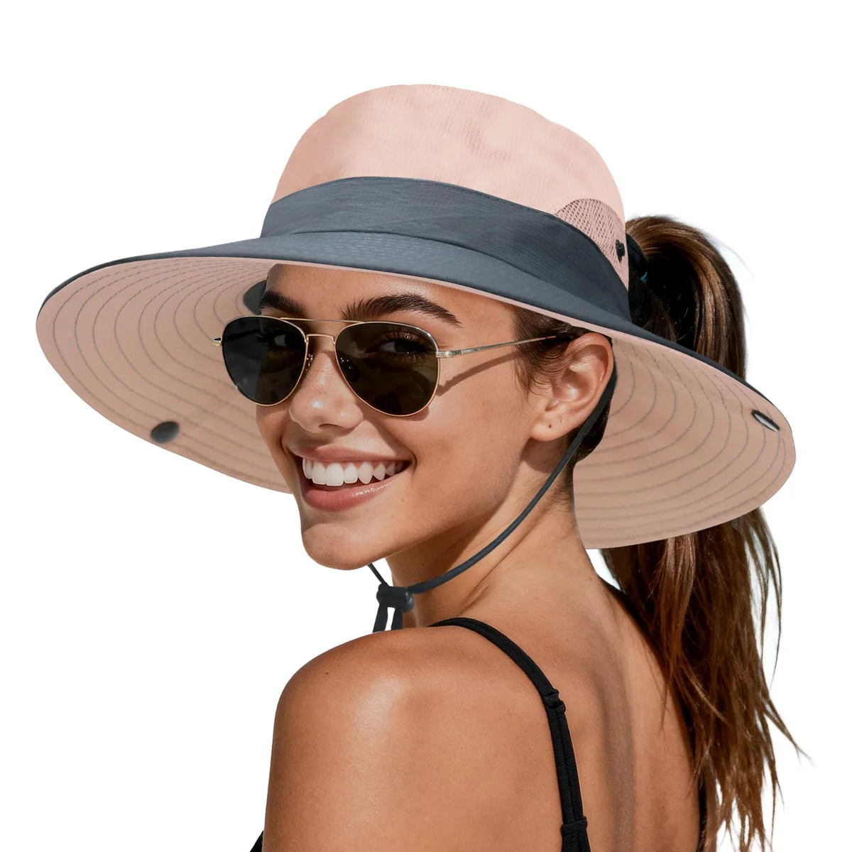  PFFY UPF 50+ Wide Brim Foldable Bucket Hat Black Ponytail — product photo