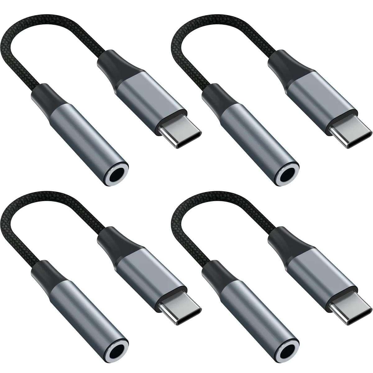 Four grey USB-C to 3.5 mm audio adapters with metal casings