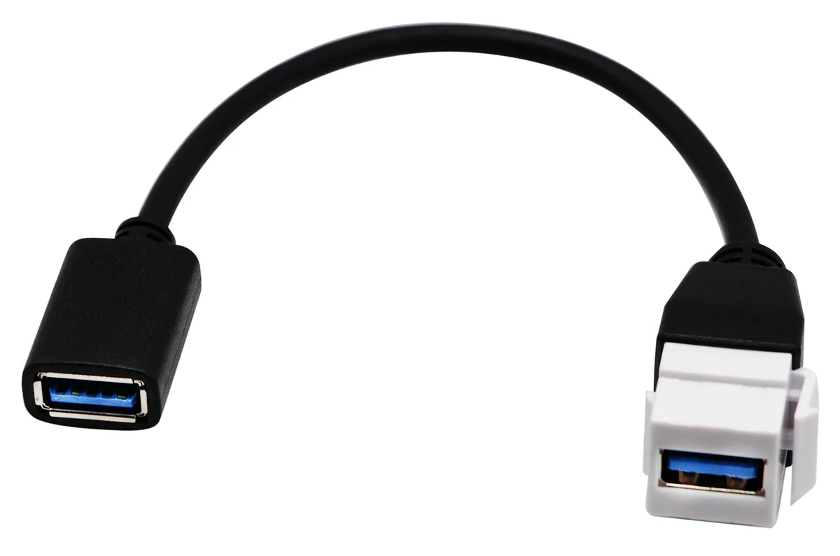 White and black plastic USB 3.0 keystone jack insert cable, 22 cm long