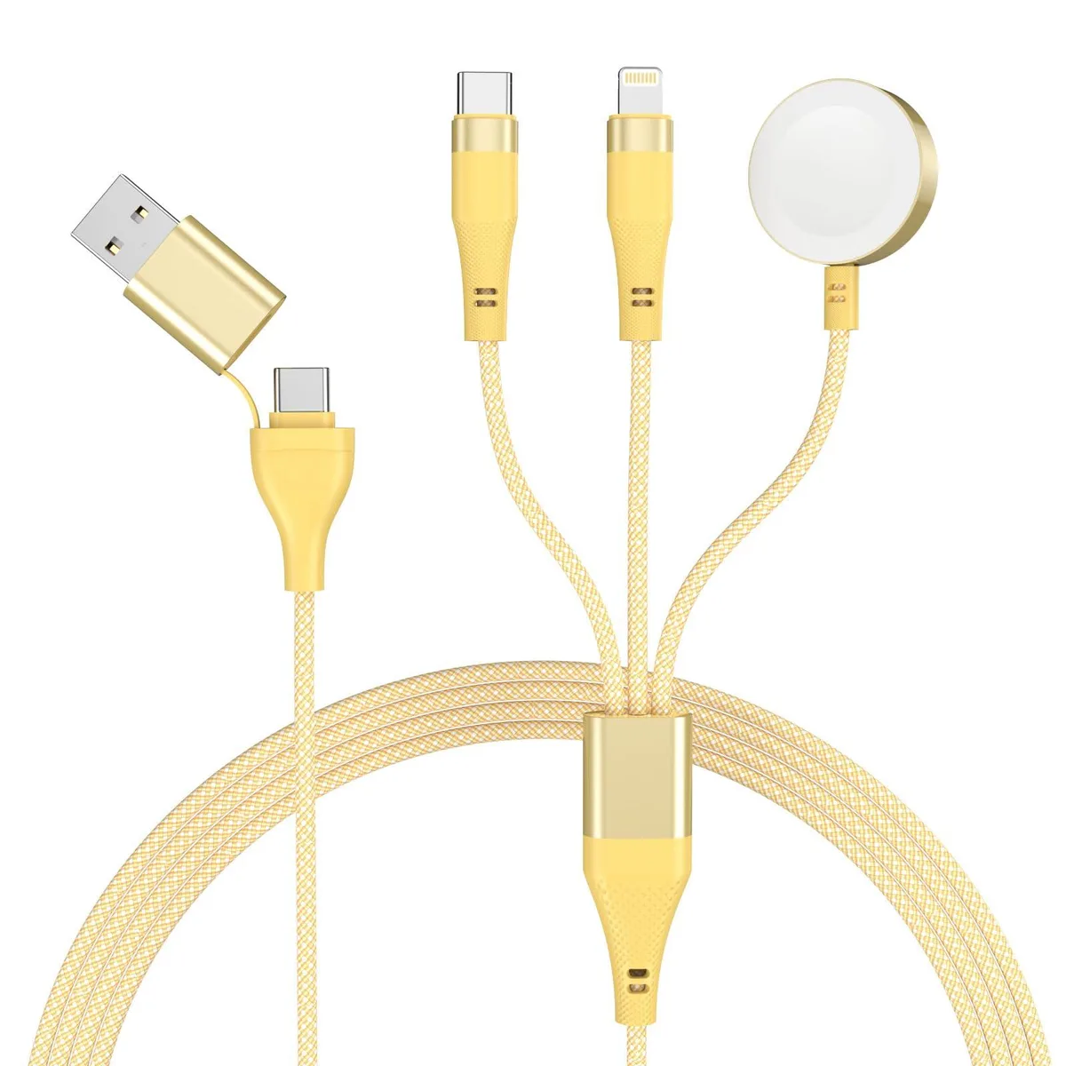 Yellow braided 6-foot cable with Lightning, USB-C and Apple Watch magnetic connectors