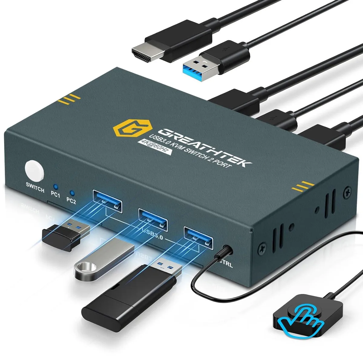 GCROWN GCROWN 2-Port HDMI KVM Switch 4K@60Hz 3×USB 3.0 — product photo
