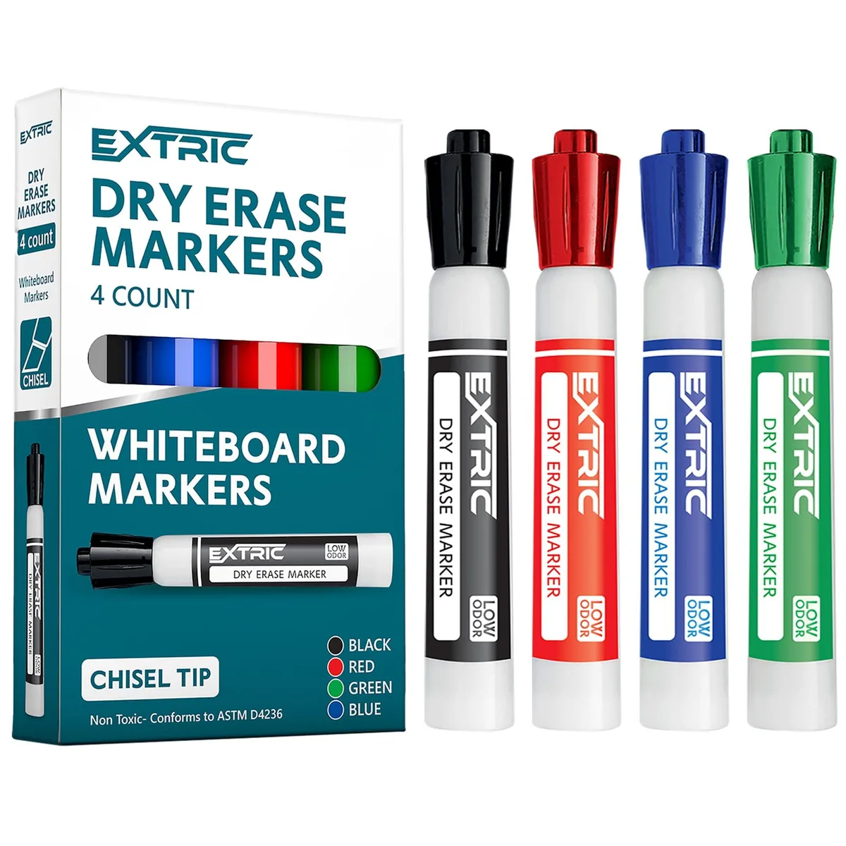 Four dry-erase markers with chisel tips in red, green, blue and black