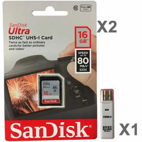 SanDisk SanDisk 16 GB SDHC Class 10 card twin pack with USB reader — product photo