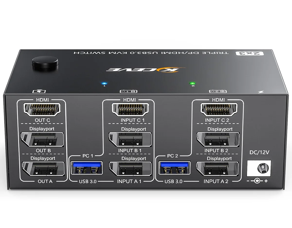 Vszerda Vszerda Triple Monitor KVM Switch 3 Monitors 2 Computers 8K@60Hz 4K@144Hz HDMI+2 DisplayPort Wired Remote — product photo