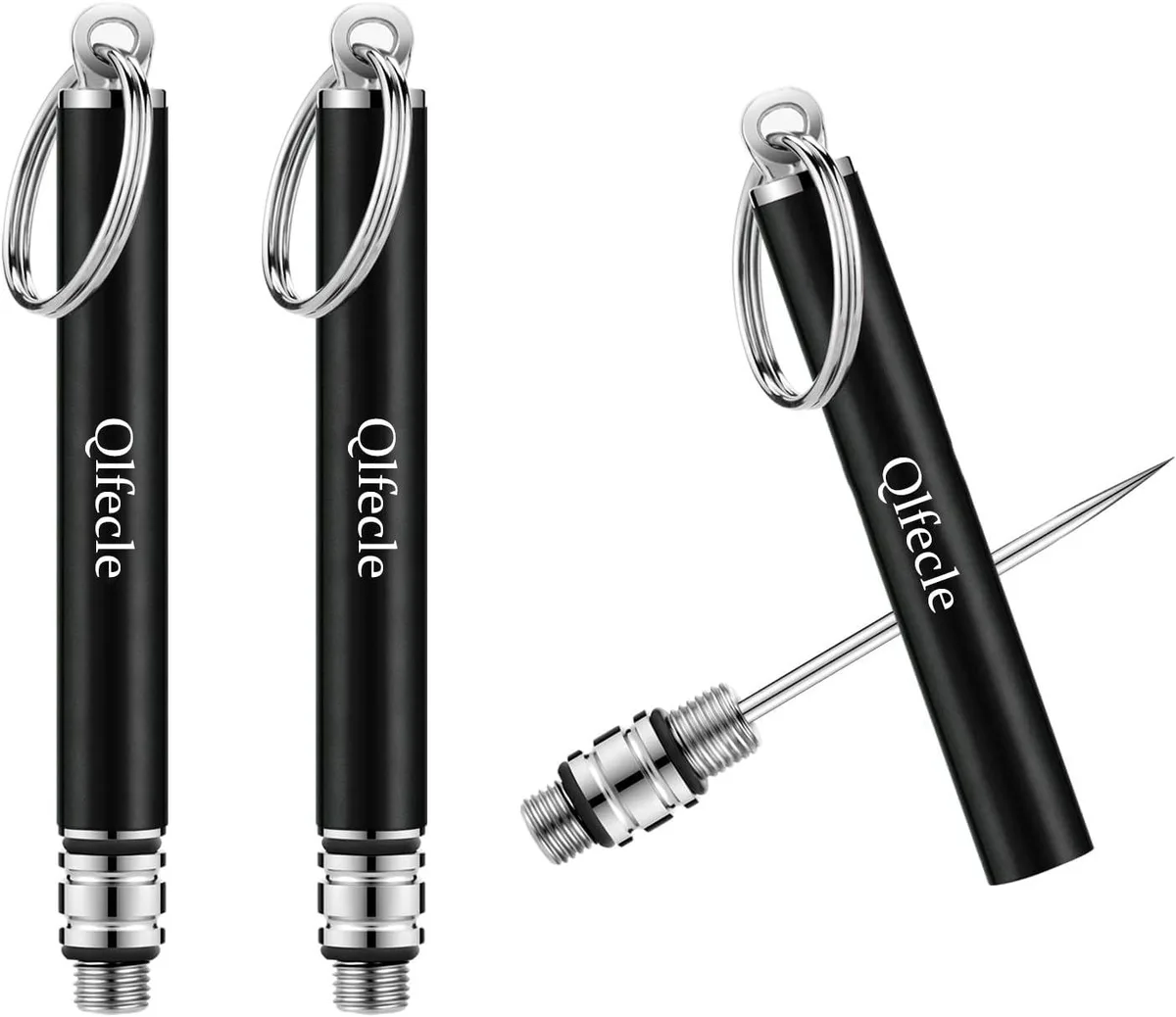 Two black titanium toothpicks in stainless steel tubes with key rings