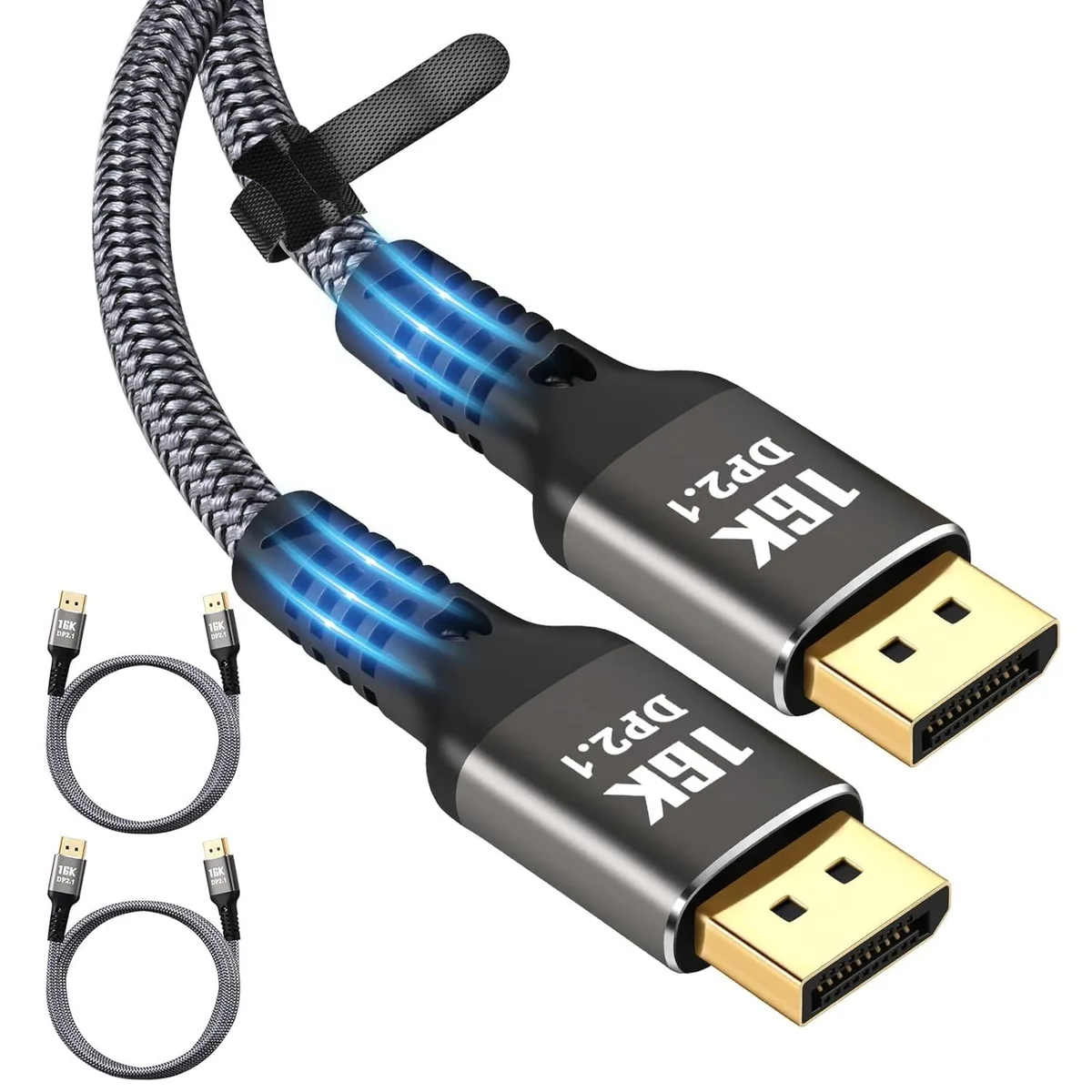 Two black DisplayPort 2.1 cables, three feet long, matte finish, straight connectors
