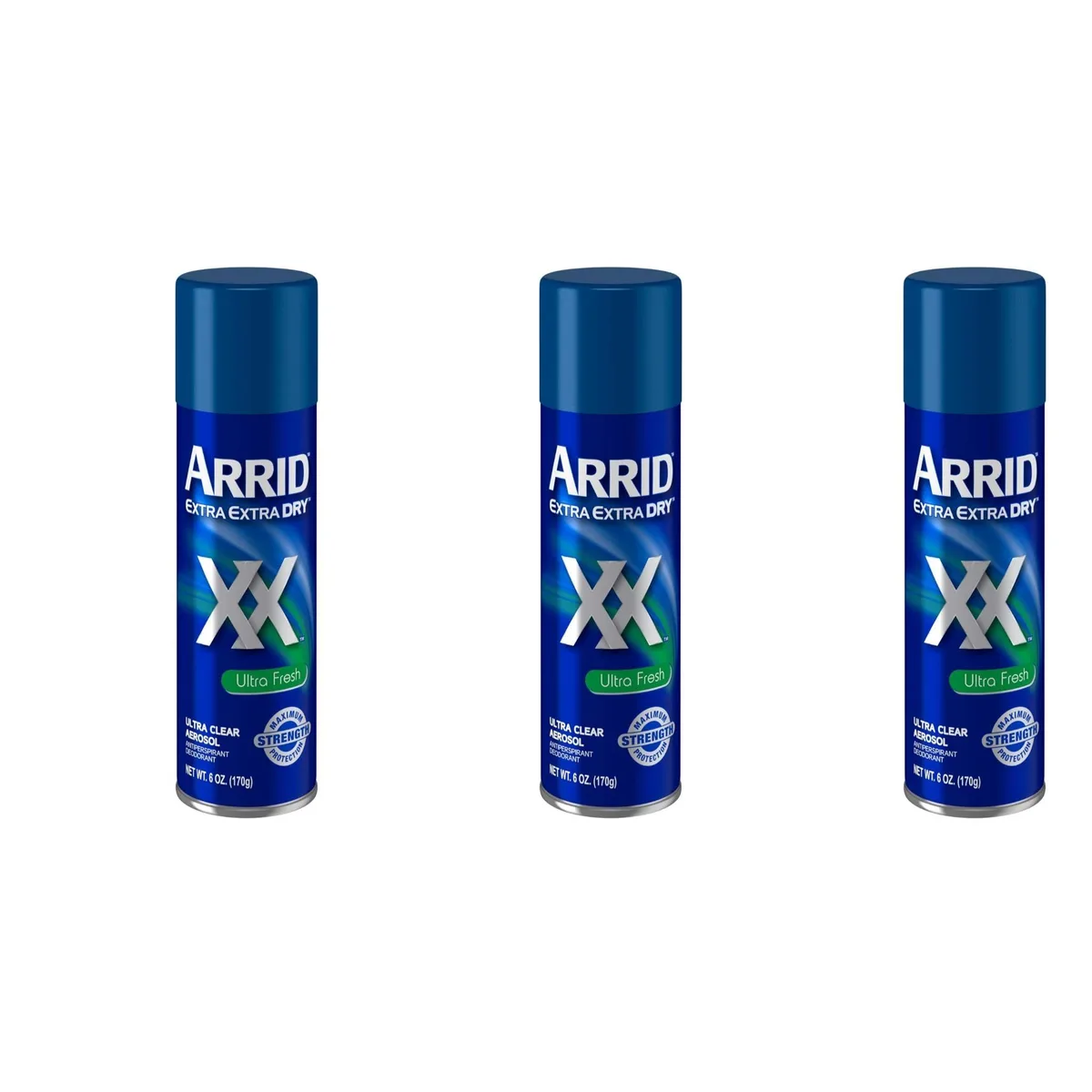 Three silver aerosol cans with blue and white labels