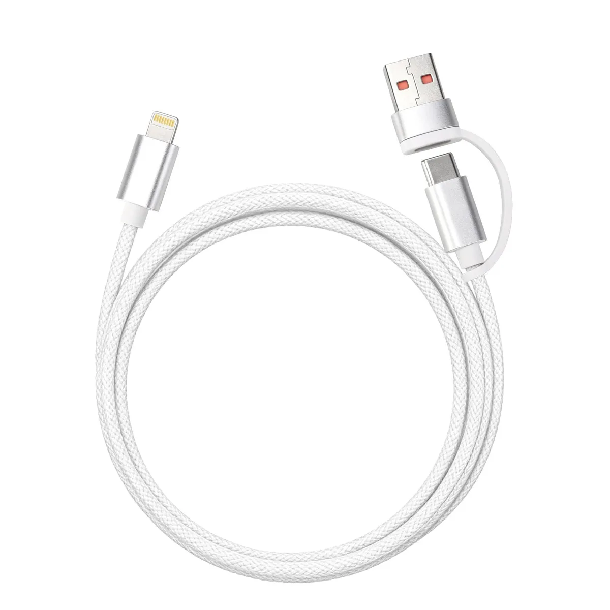 White braided USB-C to Lightning cable with USB-A adapter, 6.6ft