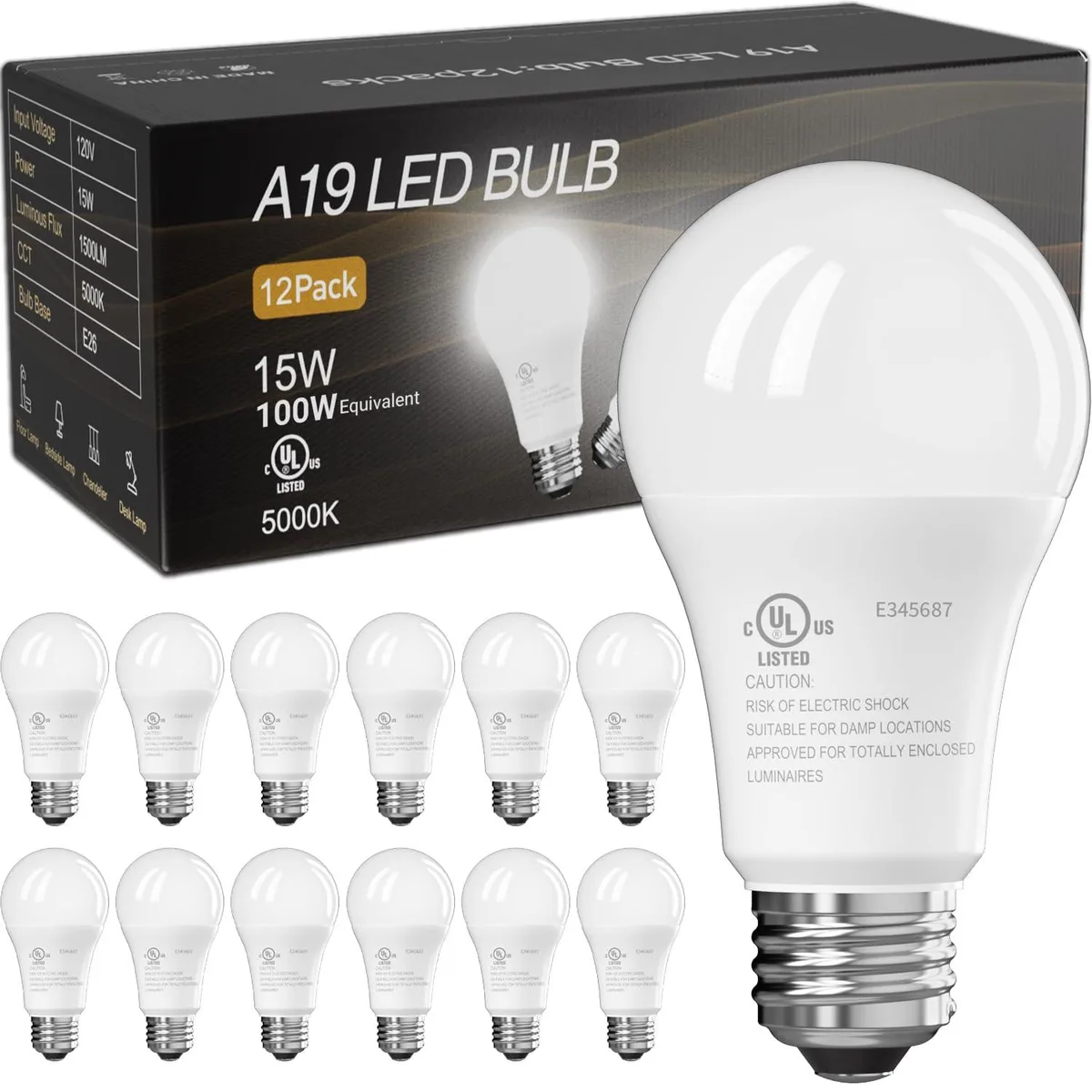  TJOY 12 Pack 15W A19 5000K 1500lm E26 LED Light Bulbs — product photo