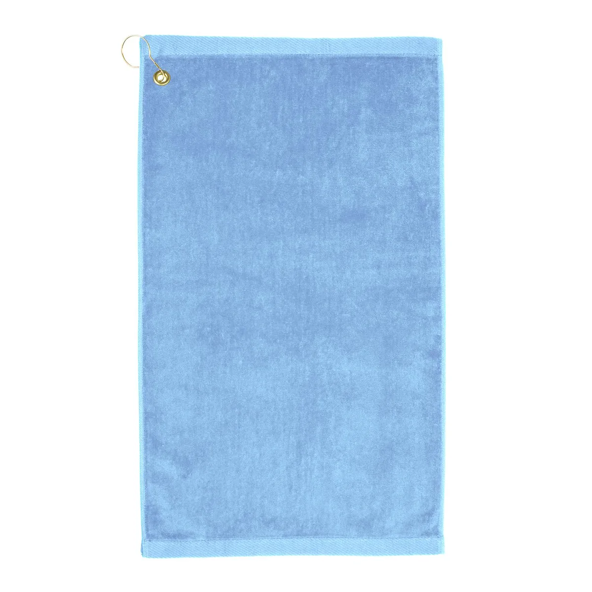 Light blue velour golf towel 16 by 26 inches with corner hook and grommet