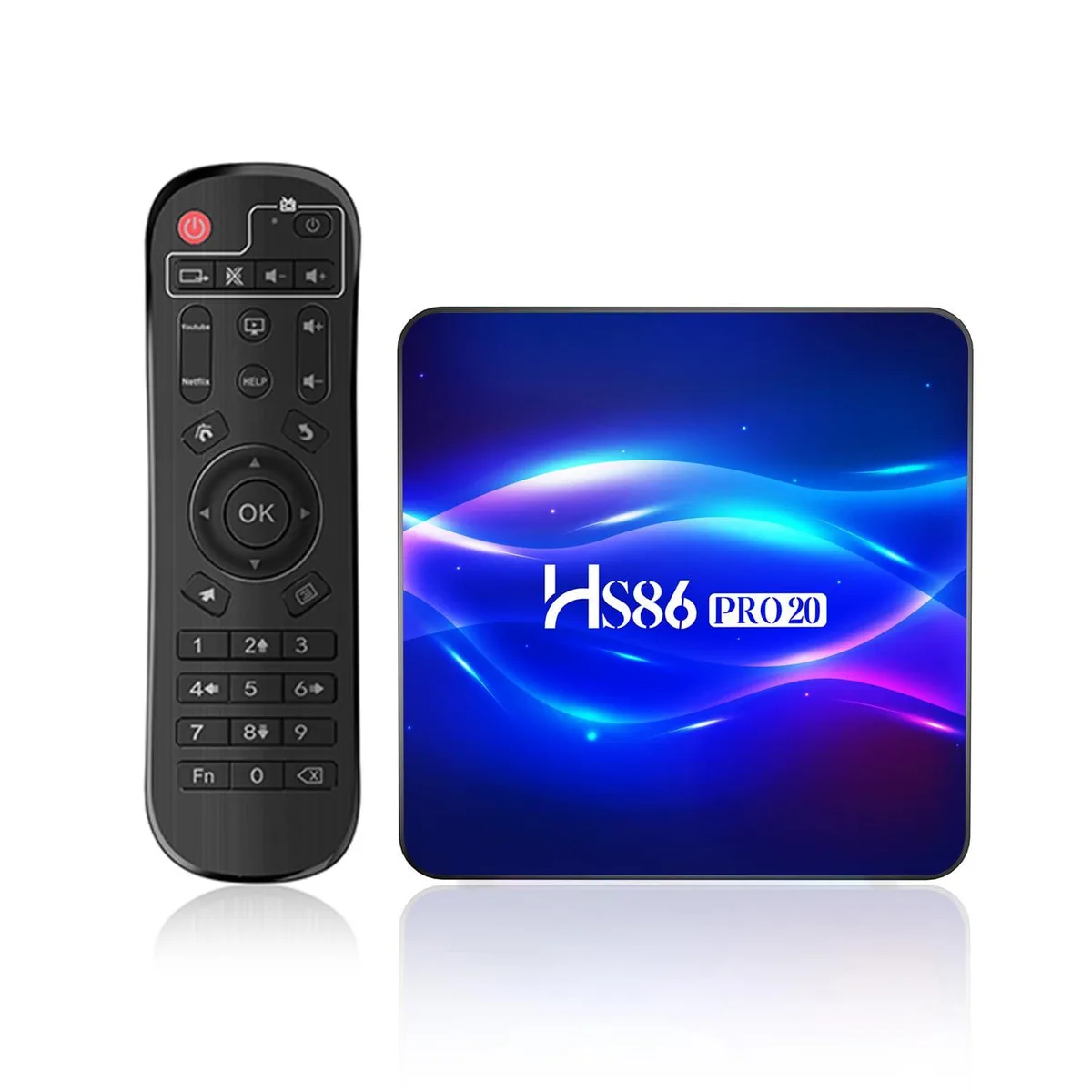 Small black rectangular streaming box with IR remote