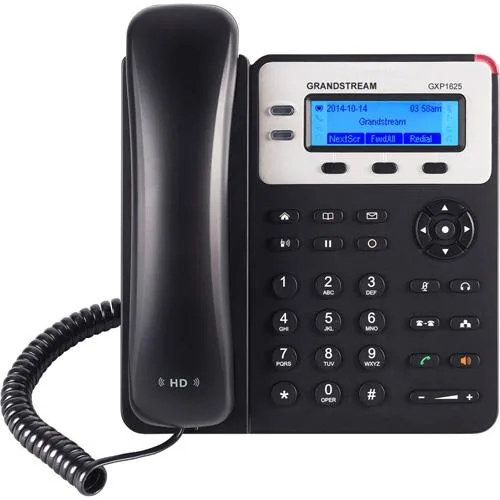 Black desktop IP phone with backlit LCD screen and speakerphone