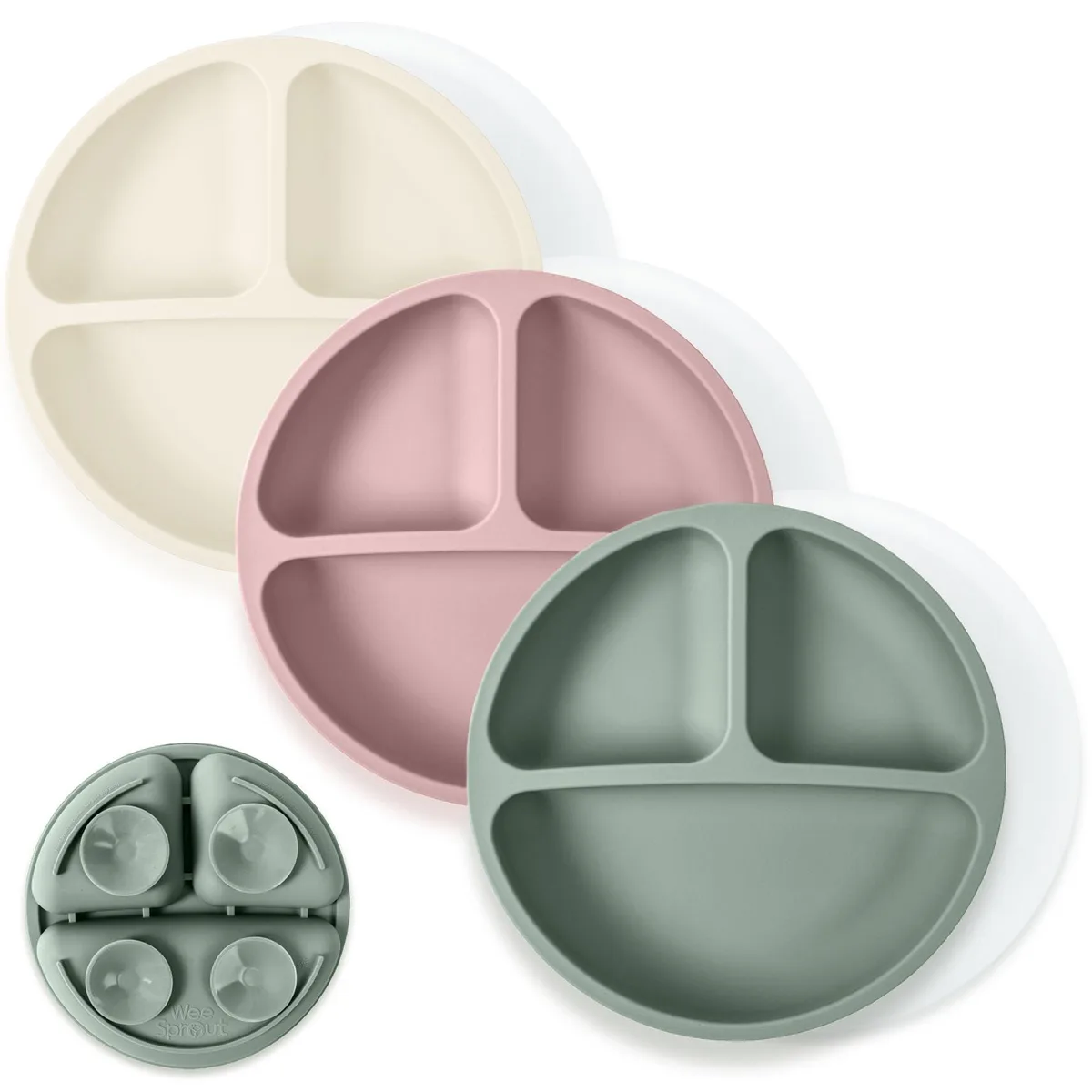 Three round silicone suction plates with lids, matte finish, divided sections, 21.34 cm diameter