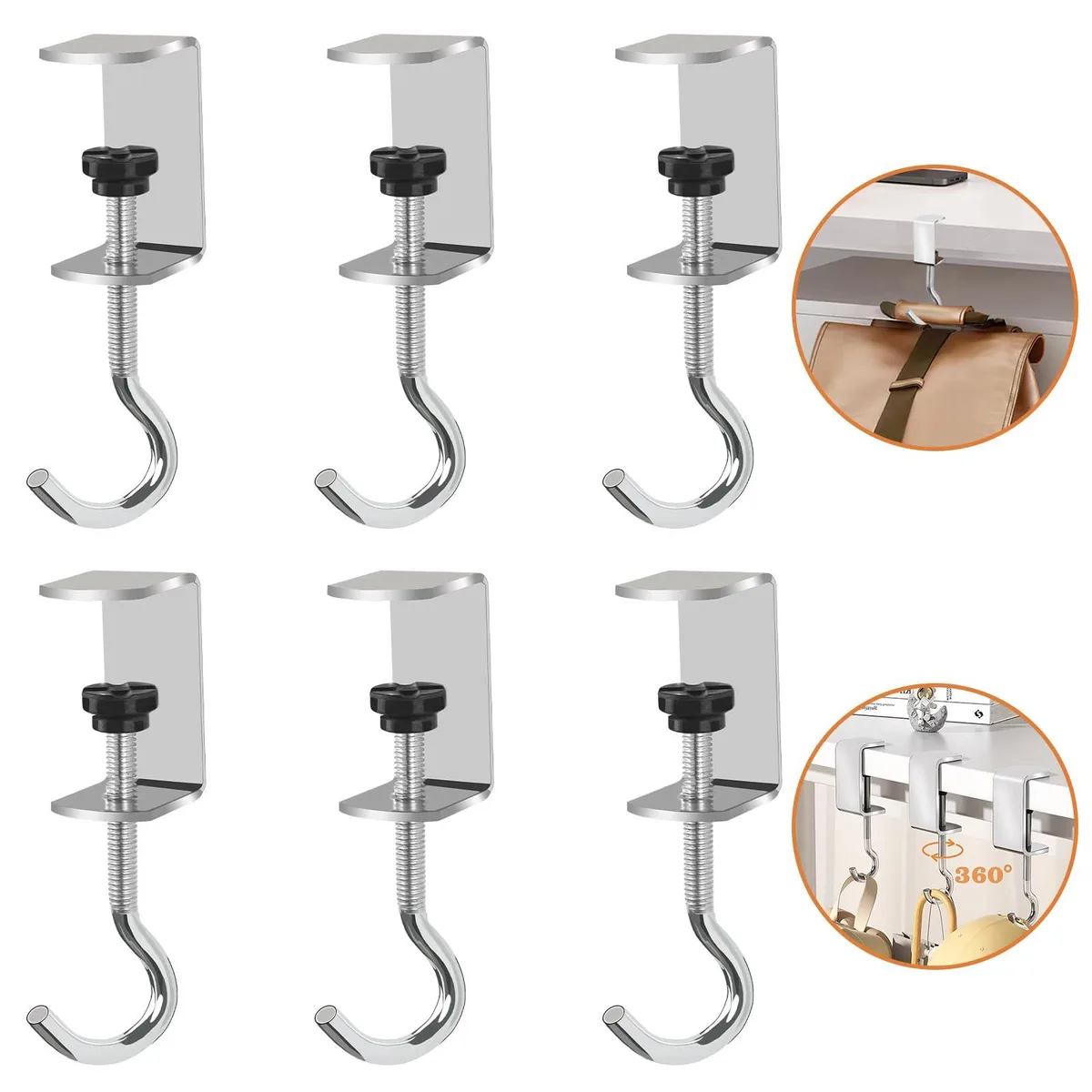 Six metal desk hooks with adjustable screw clamps and rubber pads, silver finish