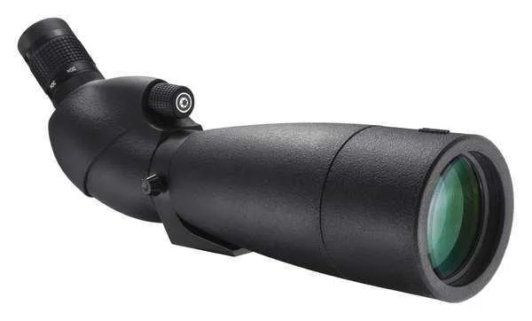 Black angled spotting scope with rubber armour and 80mm objective