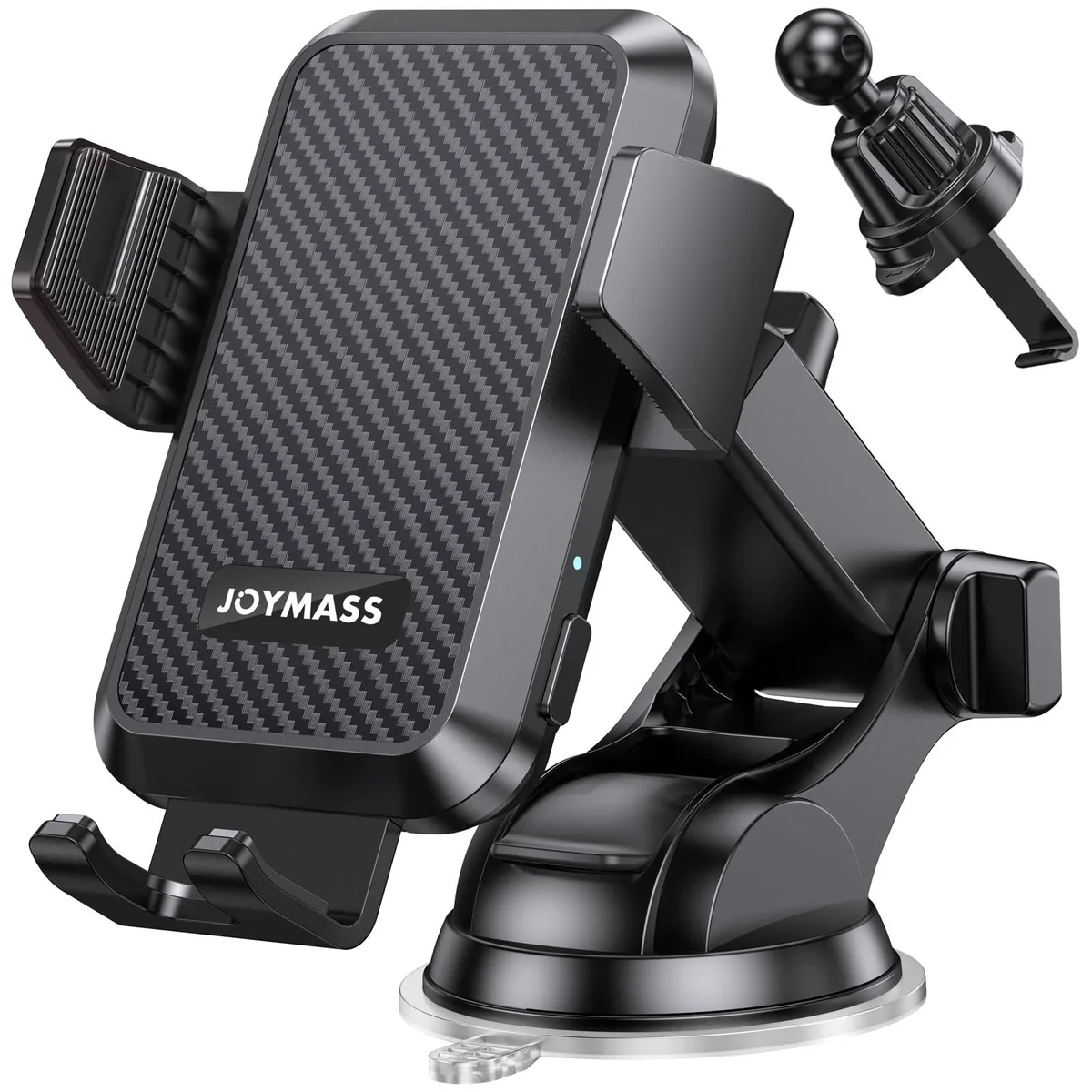 Black rectangular wireless charger with motorised side arms, ball-joint mount, suction cup and vent clip attached