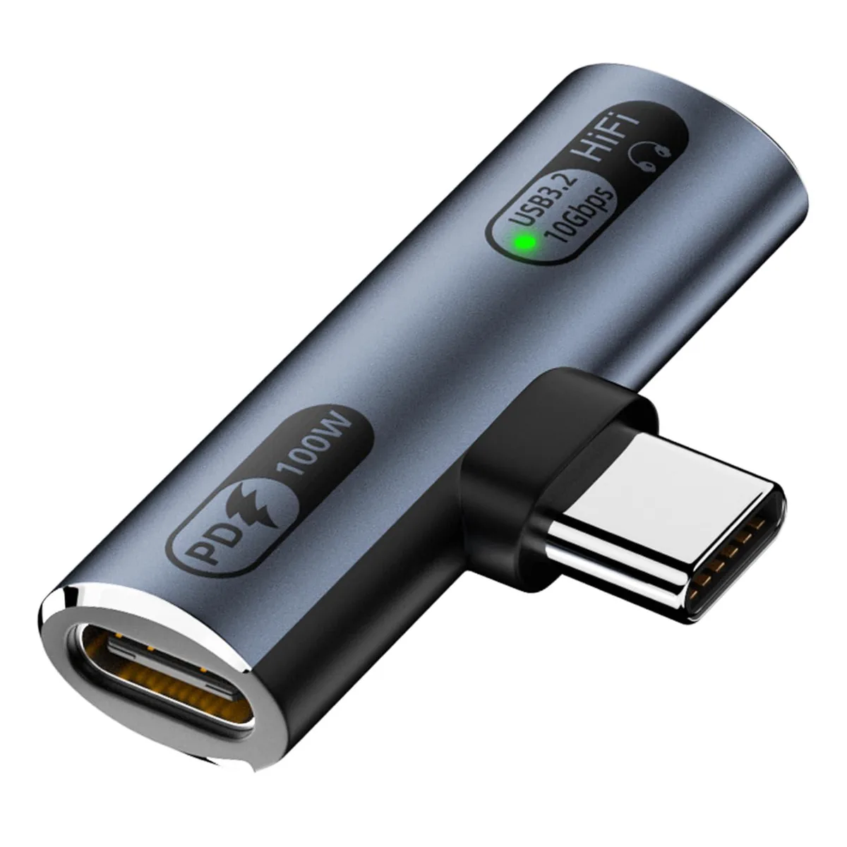 Compact grey USB-C splitter with aluminium finish, 100W PD charging and data port