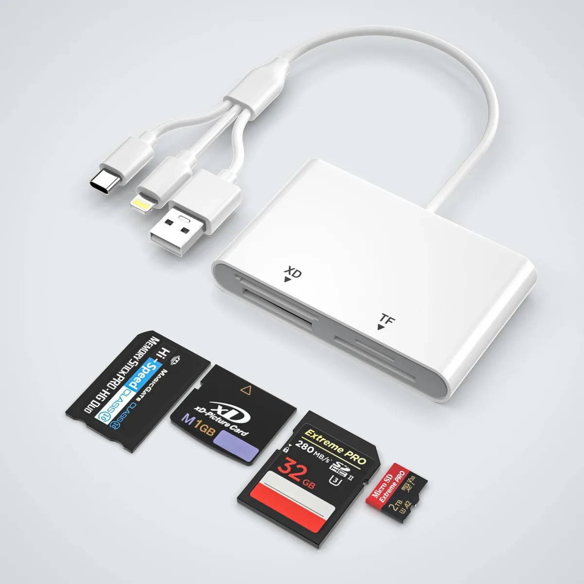 Compact black card reader with USB-C, Lightning and USB-A connectors